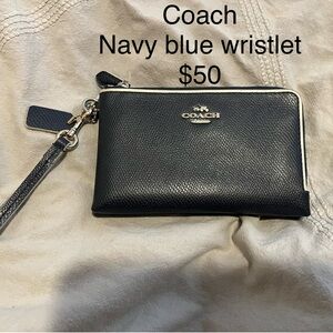 Coach Navy Leather Wristlet with Gold Logo